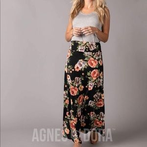 Agnes & Dora Maxi Skirt Black, Rust and Yellow Floral Silky New With Tags